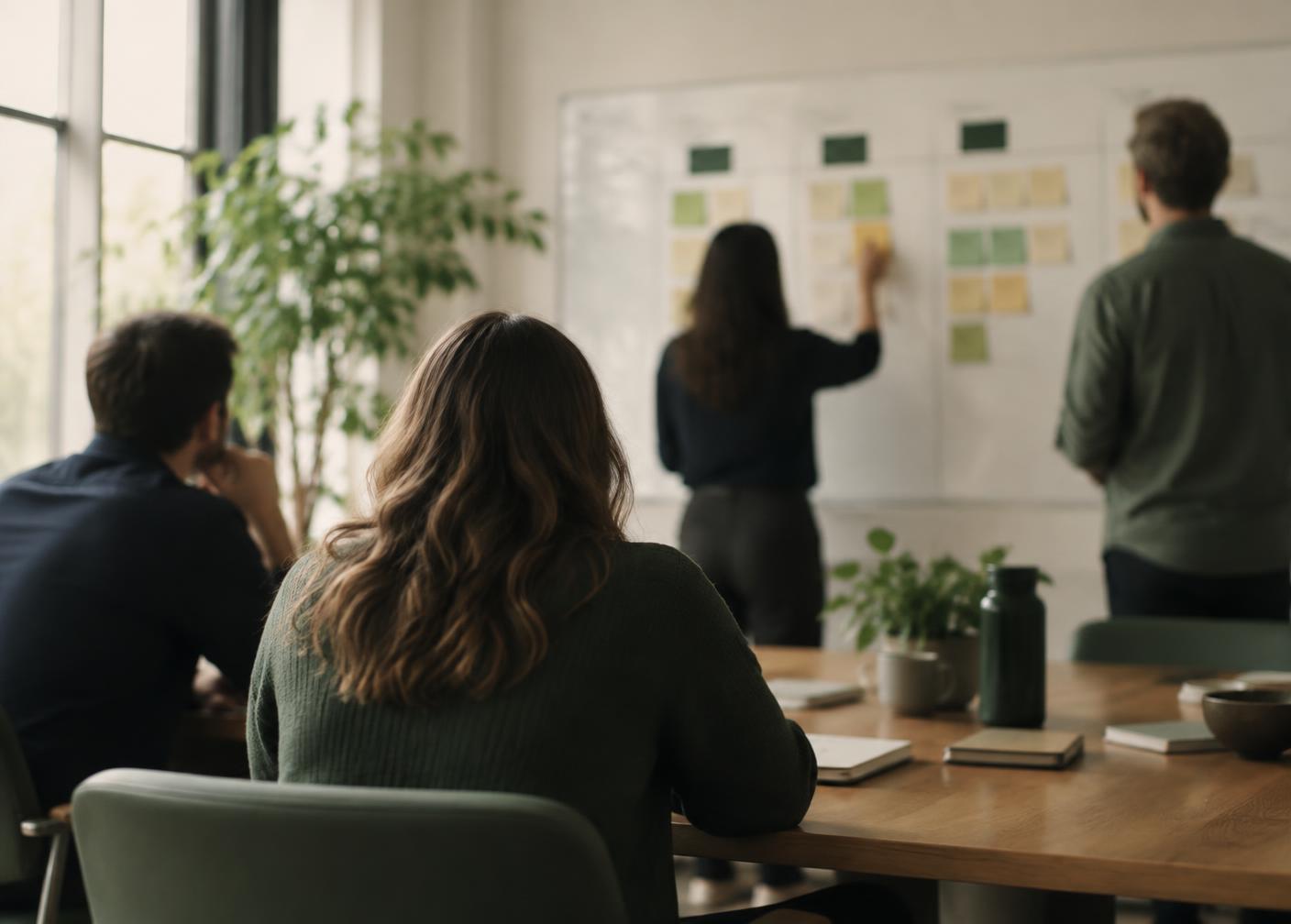 A team mapping a process on a whiteboard with sticky notes
